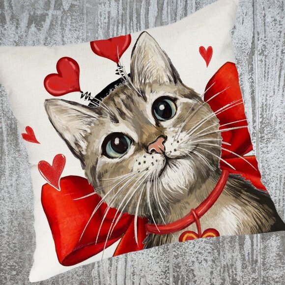 Cat Pillow Cover Valentines Day Decor Heart Decorative Sofa Accent Throw Case - Picture 1 of 5